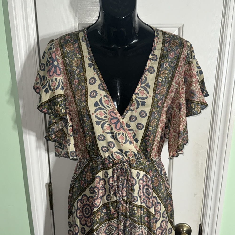Bohemian Floral High-Low Flutter Sleeve Spring Summer Fall Flowy Dress Size M-L - Picture 2 of 13